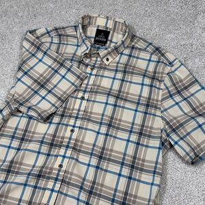 Prana Mens Plaid Short Sleeve Button Down Shirt X Large Beige Blue Casual
